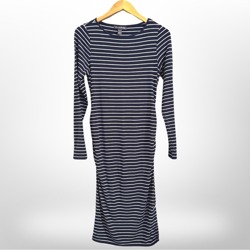 A Pea in the Pod, navy blue and white striped maternity dress, small